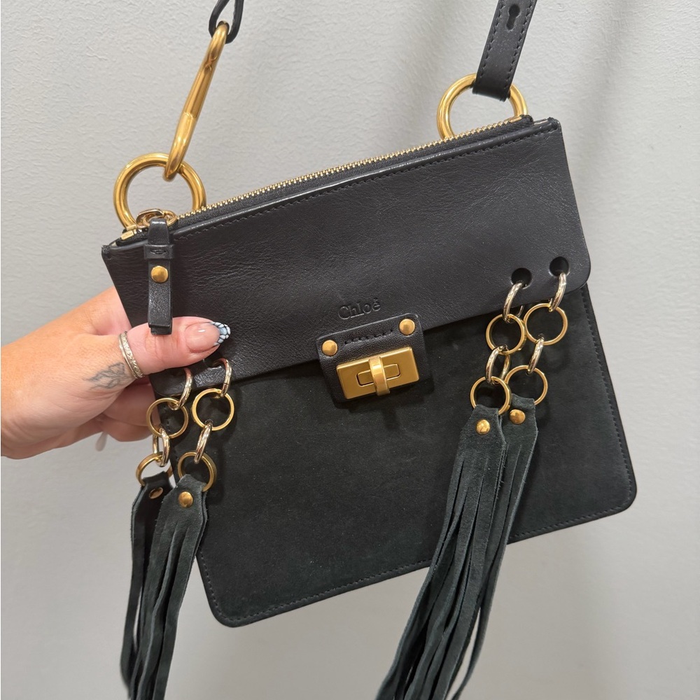 Chloe Jane fringe Black Leather Shoulder Bag crossbody boho
